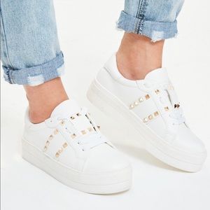 White Studded Lace Up Leather Platform Sneakers